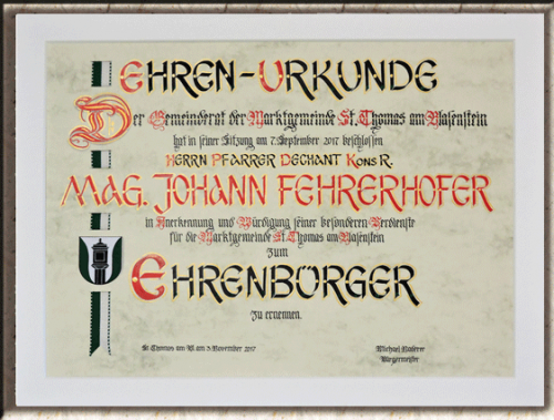 Ehrenbürgerurkunde von Hand geschrieben; Grösse: 40 x 50 cm mit Band im Querformat