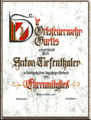 Feuerwehrurkunde handgeschrieben mit Logo.